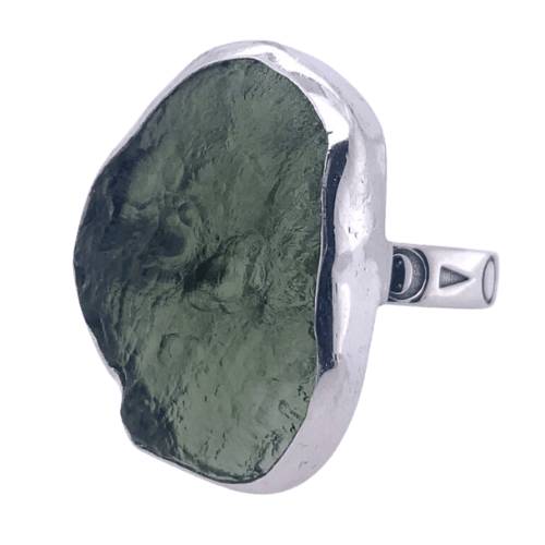 Moldavite Mega Free-Form Engraved Ring rare exclusive wholesale sterling silver gemstone jewelry designs